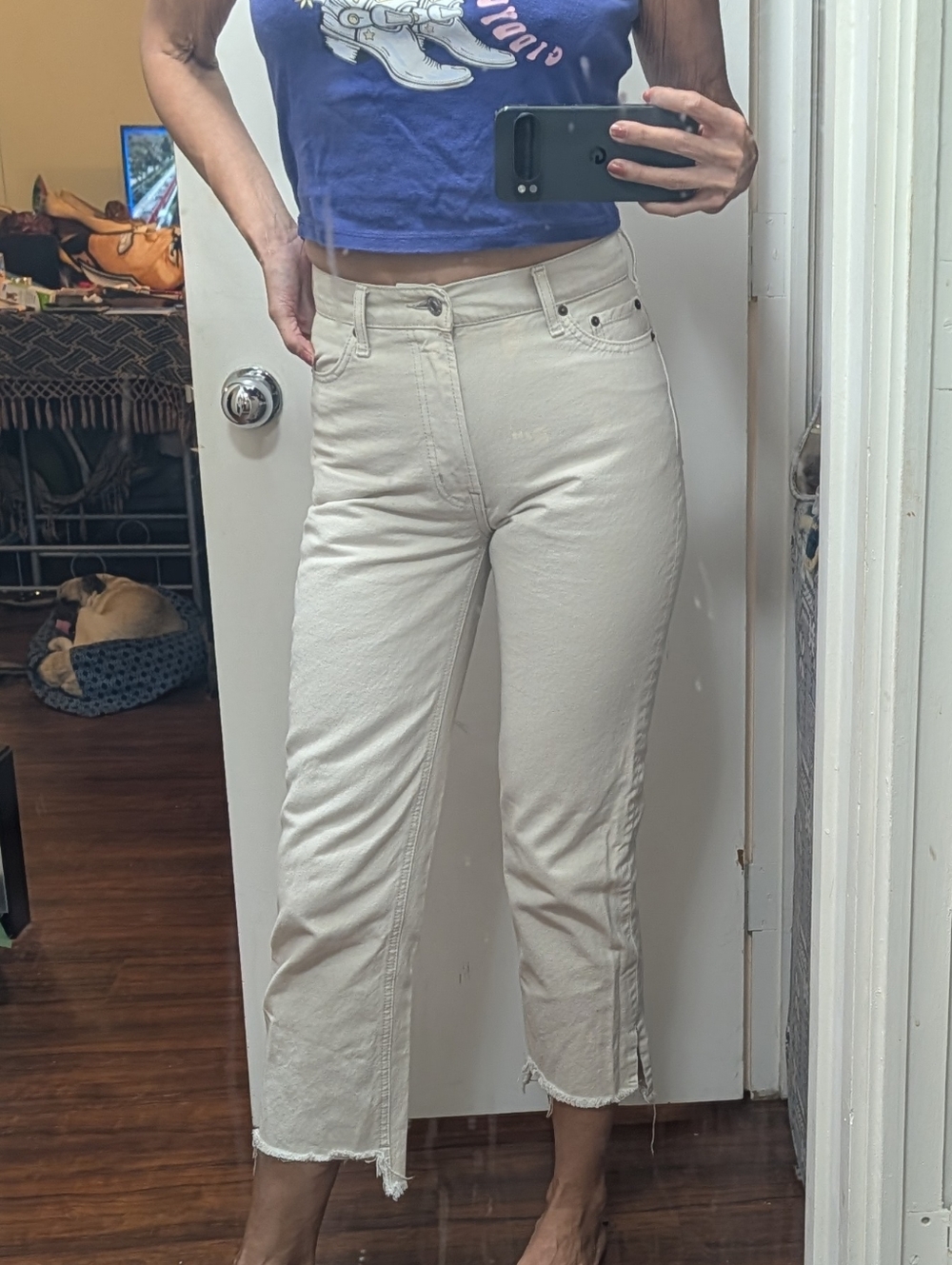 Mila Owen denim cream jean side slit stepped raw hem